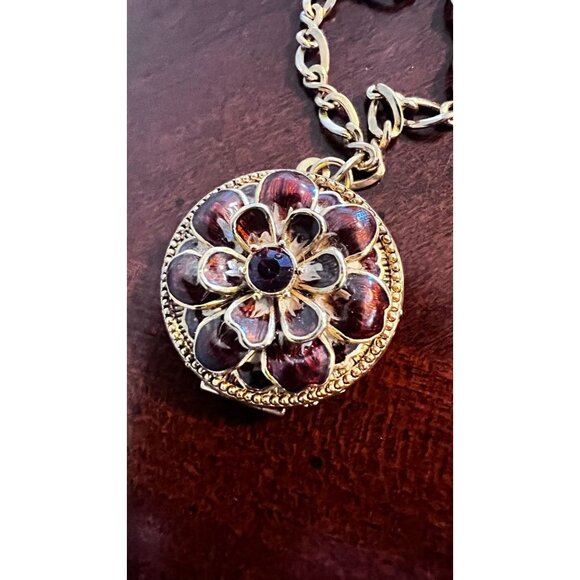 Vtg JOAN RIVERS Victorian Language of Flowers Locket Charm Necklace Gold Enamel - Picture 3 of 7